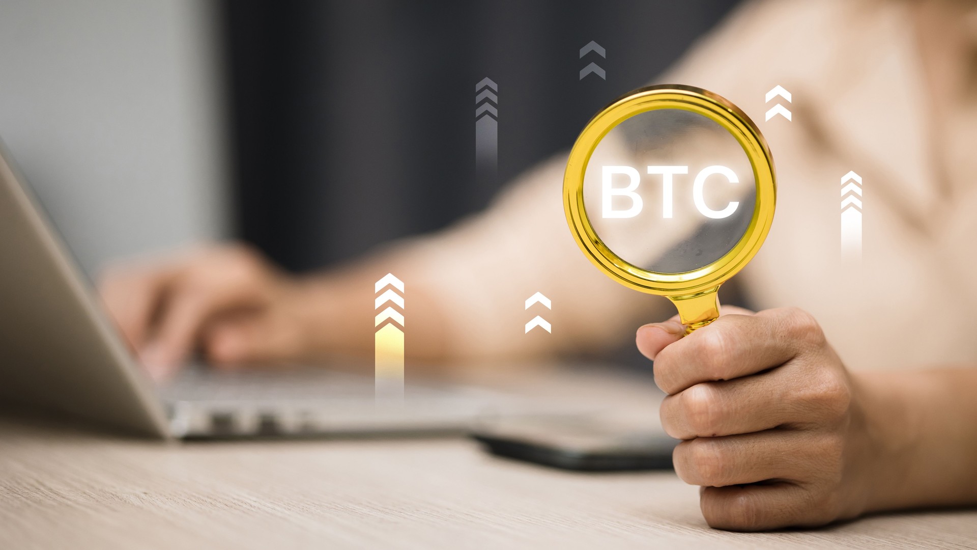 Bitcoin BTC Analysis with Magnifying Glass, Cryptocurrency Investment Concept