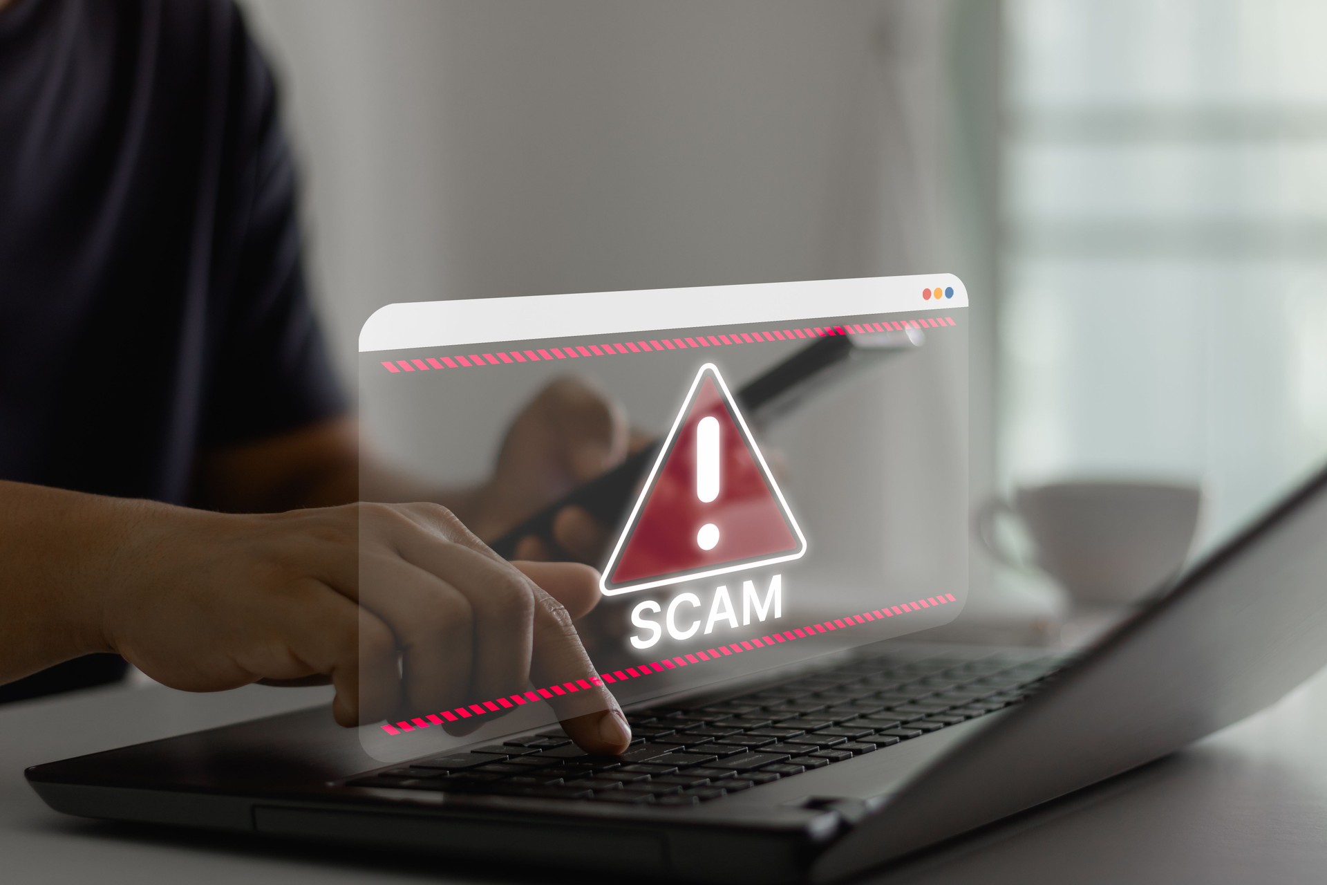 Cyber security, Software warning fraud, Scam alert. Hacker detection attack on computer network, virus, spyware, malware, phishing, crime online website. Protect digital business account information.